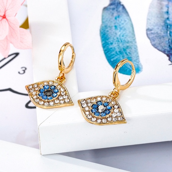 2/$20!  Gold Pave Crystal Evil Eye Huggie Hoops - Picture 3 of 7